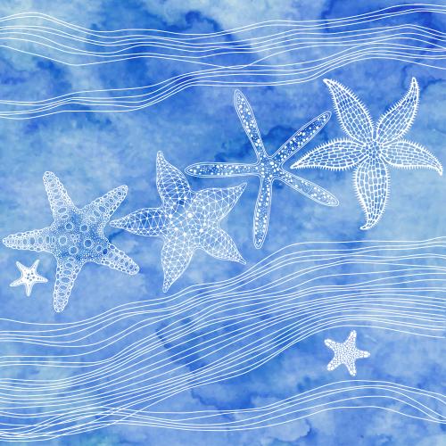 Illustration sea stars, waves on a blue watercolor