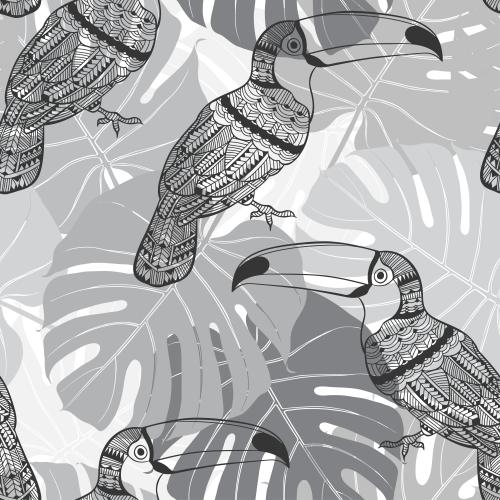 Palm. Vector decorative toucans on monochrome palm leaves