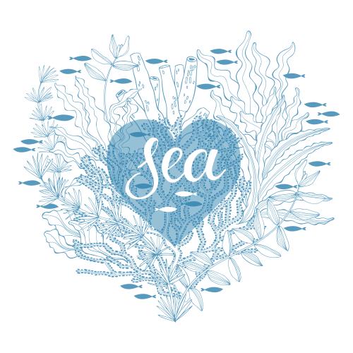 Vector image marine theme composition with seaweeds, corals, fish, and the word 'sea' in the shape of a heart on white