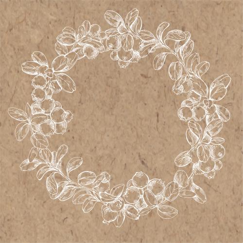 Vector image round frame wreath from blueberry branches white outlines on craft