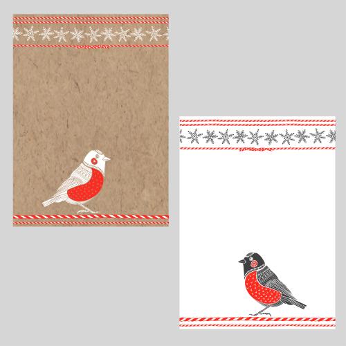Bullfinch. Vector two compositions with snowfinches, snowflakes, and holiday ribbons on craft and white