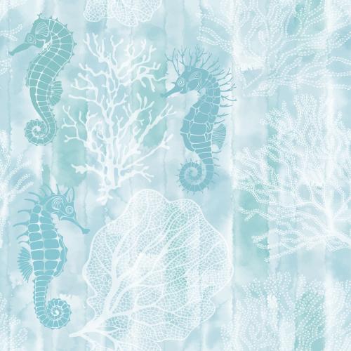 Vector image sea horses corals on blue watercolor