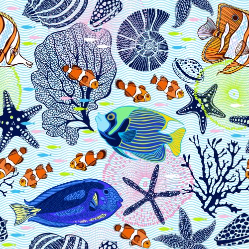 Vector image tropical fish, starfish, shells, corals, blue waves on white