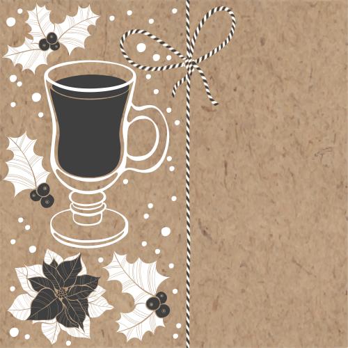 Wine. Vector glögg glass, poinsettia, euphorbia, snow, holiday ribbon with a bow and space for text on craft