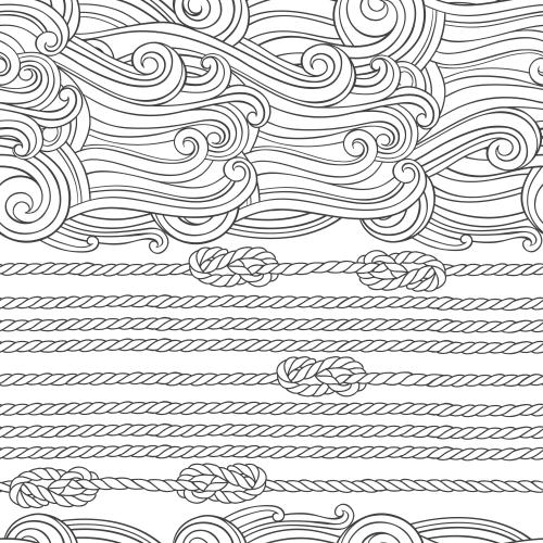 Illustration decorative waves, marine ropes, ropes with marine knots on white