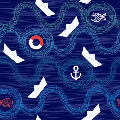 Anchor. Vector paper boats fish life ring anchor on blue waves