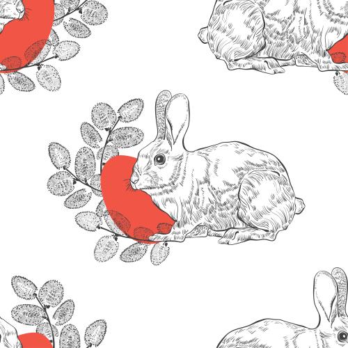 Willow. Vector willow branches, red easter eggs, bunnies on white