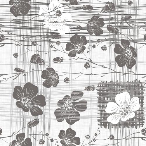 Square. Vector flowers and branches of blooming flax, decorative elements on checkered