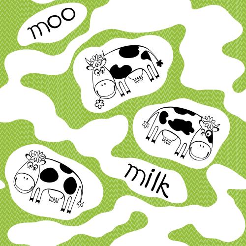 Grass. Vector cute cartoon cows white milk spots labels moo milk on green grass