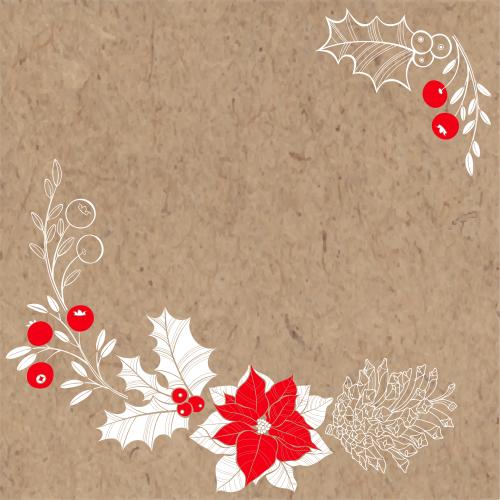 Cone. Vector poinsettia, euphorbia, pine cone, cranberry, text area on craft, corner composition