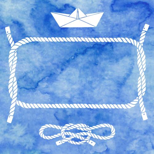 Paper boat. Vector rectangular frame made of marine ropes with a text area paper ship maritime knot on a blue watercolor