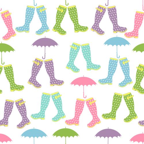 Rain. Vector multicolored rubber boots with a checkered pattern and rain umbrellas on white