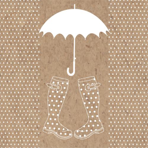 Drop. Vector rain, umbrella, rubber boots, white silhouettes on craft