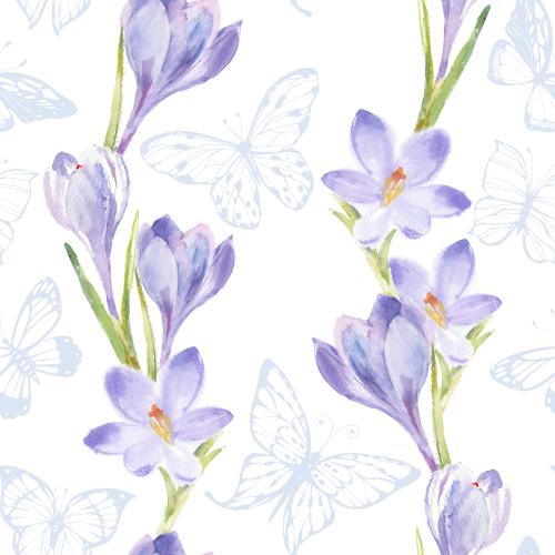 Raster image watercolor crocuses and butterflies on white