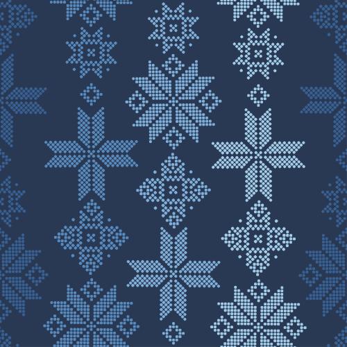 Star. Vector Pattern colorful stars-snowflakes from dots on blue