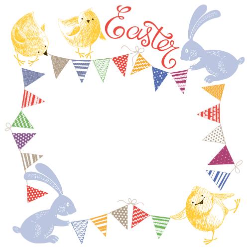 Chick. Vector text frame, garland, cartoon chicks, rabbits, and easter word on white