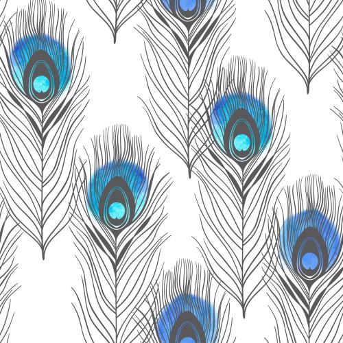 Raster image black silhouettes of peacock feathers with watercolor blue fragments on white