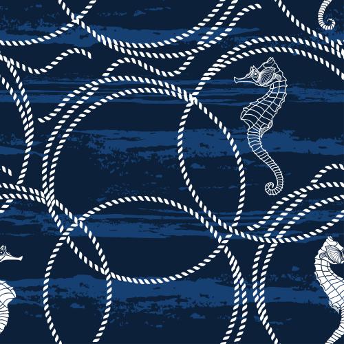 Rope. Vector sea ropes, sea horses, waves on blue