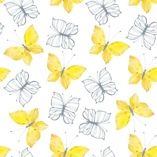 Raster image yellow watercolor and outline butterflies on white