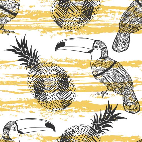 Vector image black decorative toucans and pineapples, textured yellow stripes on white
