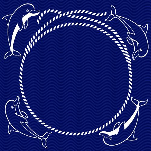Striped. Vector round frame made of sea rope with dolphins on blue waves