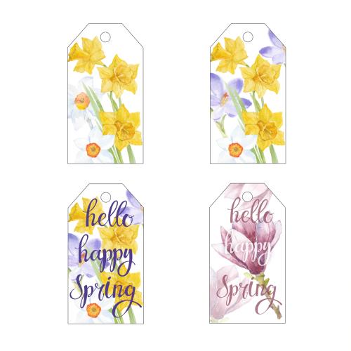 Raster image four tags with watercolor flowers on white