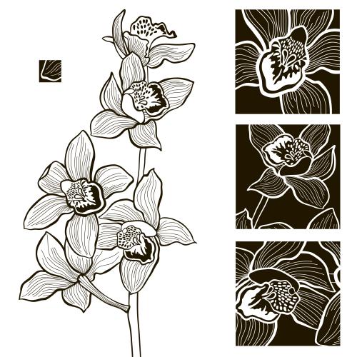 Vector image blooming orchid and square flower fragments