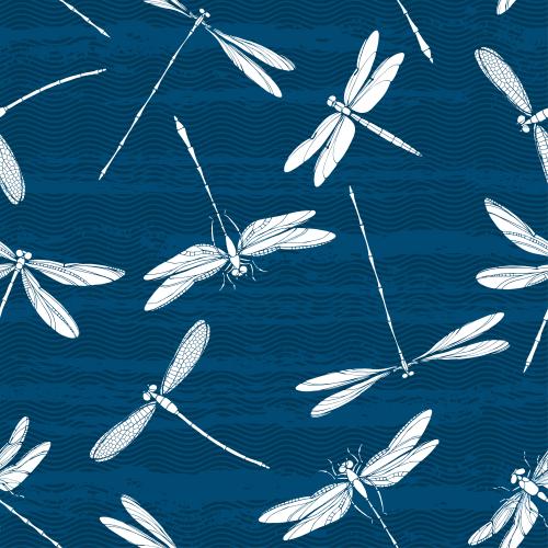 Wavy. Vector white silhouettes of dragonflies, waves on blue