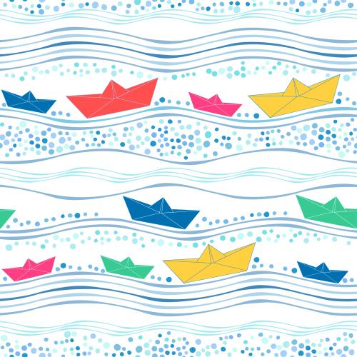 Pea. Vector bright multicolored paper boats on waves