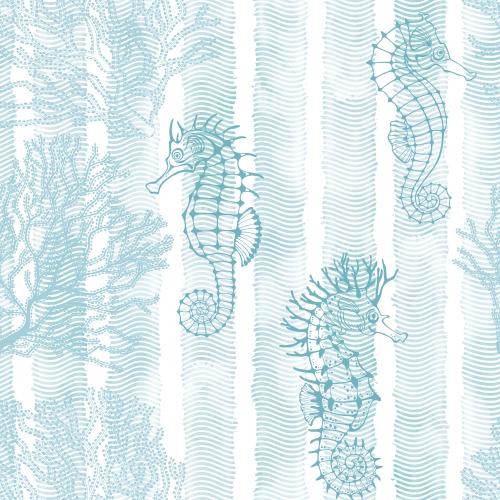 Vector image sea horses corals on watercolor waves