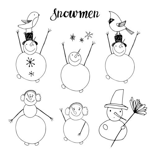 Bird. Vector six cartoon snowmen in scandi style on white