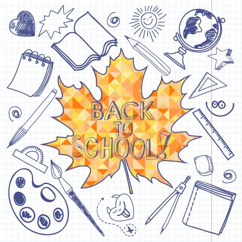 Notebook. Vector mosaic maple leaf and school supplies on grid notebook page
