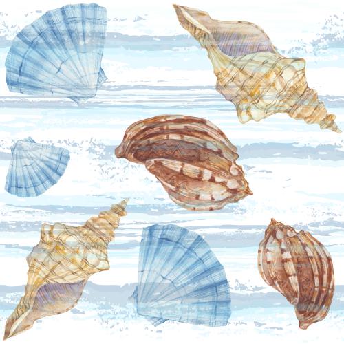 Raster image watercolor shells and waves on white