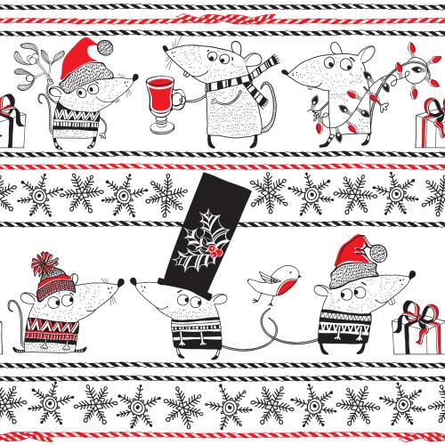 Bullfinch. Vector new year's cartoon mice, snowflakes, festive ribbons on white