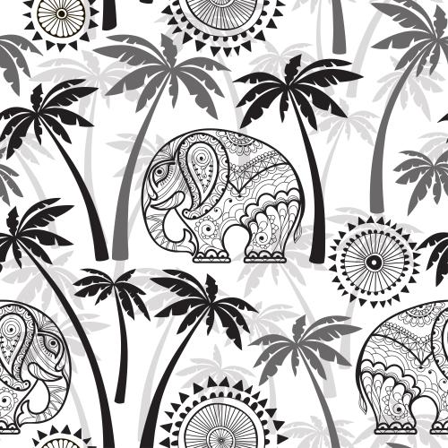 Palm. Vector Pattern decorative elephants and elements black and grey palm silhouettes on white