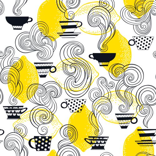Vector image cups with tea, lemons on white