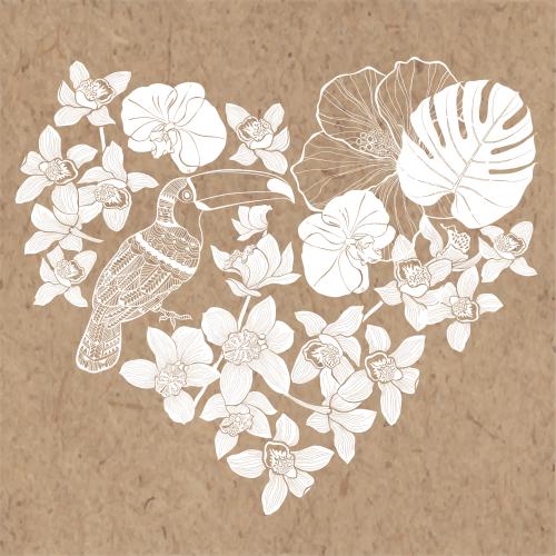 Hibiscus. Vector tropical composition with a toucan, orchids, monstera leaf, and hibiscus flower in the shape of a heart on craft