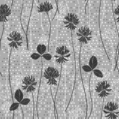 Pea. Vector clover flowers and leaves contours and silhouettes on gray checkered