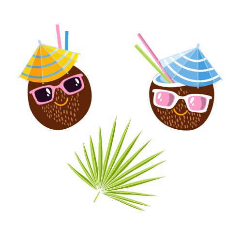 Cocktail. Vector two animated coconut cocktails in sunglasses and a palm leaf on white