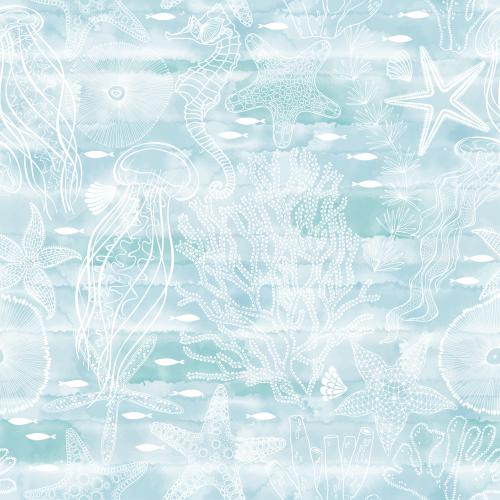 Vector image sea horse jellyfish fish shells sea stars corals underwater plants on a blue watercolor
