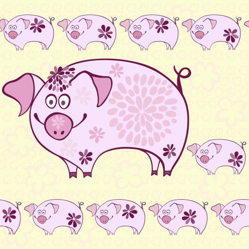 Pig. Vector cute cartoon-style pink pigs on a flower field
