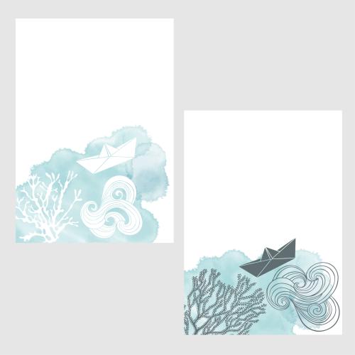 Paper boat. Vector two cards with a marine theme, watercolor fragments, corals, paper boats, decorative waves, and text space