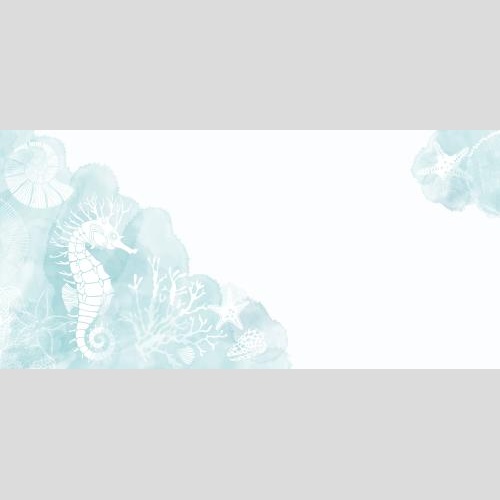 Vector image sea horse shells sea stars nautilus corals on blue watercolor fragments text area on white