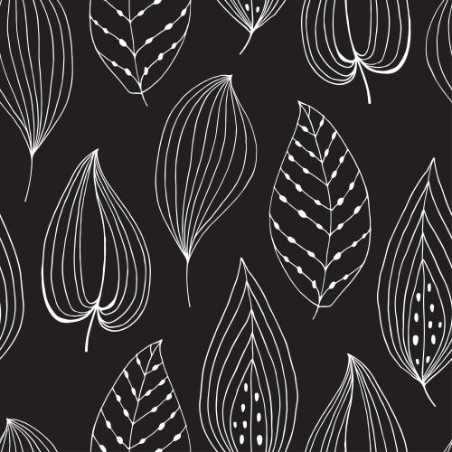 Illustration decorative leaves white outlines on black scandinavian style