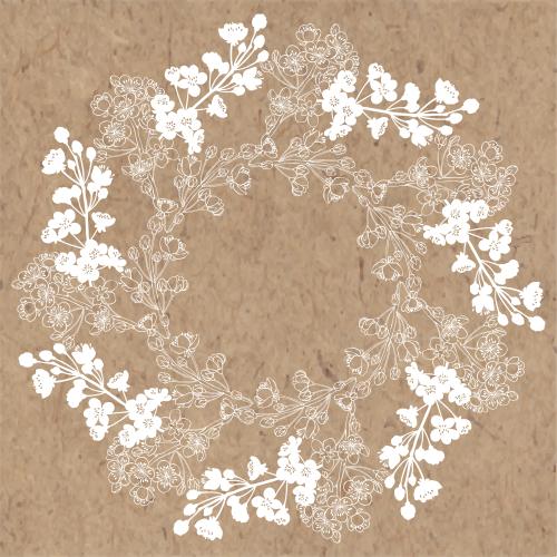 Vector image blooming apricot branches, white silhouettes and outlines, round frame on craft