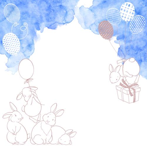 Birthday. Vector bunnies with balloons and a gift space for text and watercolor fragment on white