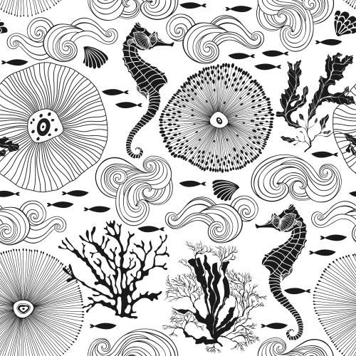 Illustration abstract marine creatures, seahorses, fish, shells, corals, algae, decorative waves on white