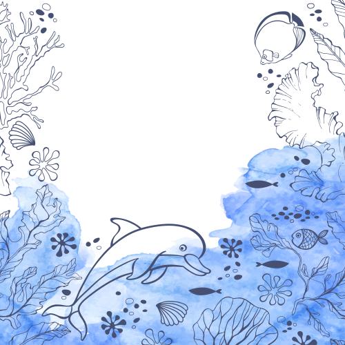 Shell. Vector dolphin fish marine algae and corals blue watercolor fragment on white