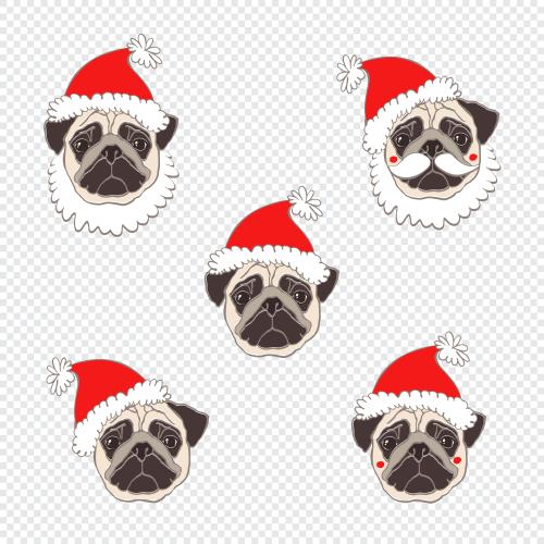 Pug. Vector five cute pug faces in new year's hats