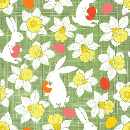 Rabbit. Vector cute rabbits with easter eggs, daffodils on green checkered